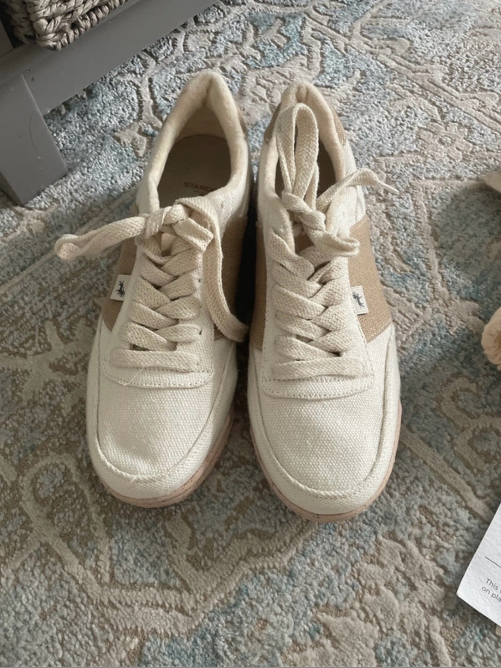 Womens Canvas Lace-Up Sneakers in Cream with Tan Accents
